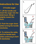 Instructions for using the Professional 3 Foot Toilet Auger Snaps Up Sticky Drain Clogs Without Sweat Using Rust Resistant Vinyl Coated Pipe Snake Wire.