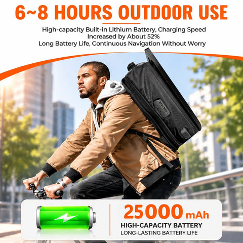 Flex Your Brand On This Head Turning Outdoor Mobile Digital Walking Billboard Backpack With A 32 Inch Full HD Led Screen displayed on a cyclist.