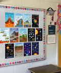 Earth Science Poster Set For Classrooms 13 Topics 11x17 Learning Charts showing plate tectonics, volcanoes, and solar system on wall