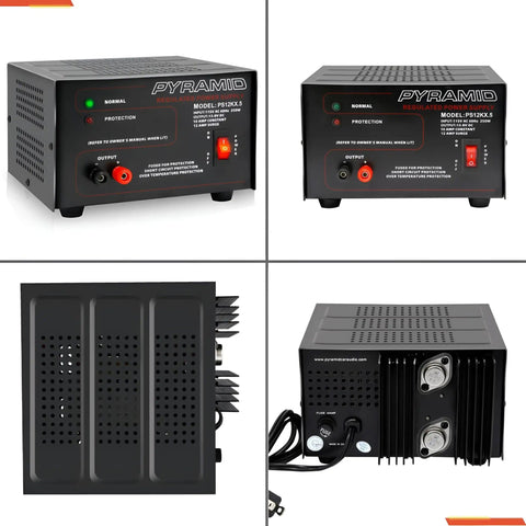 Compact Benchtop Power Supply for Electronics Hobbyists, 10 Amp Linear Regulated AC To DC Converter, front and side view
