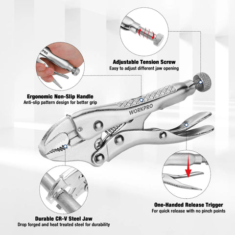 Mini 4 Inch Curved Jaw Locking Pliers With Wire Cutter Chrome Vanadium Steel Vise Grips for clamping, twisting, welding jobs.