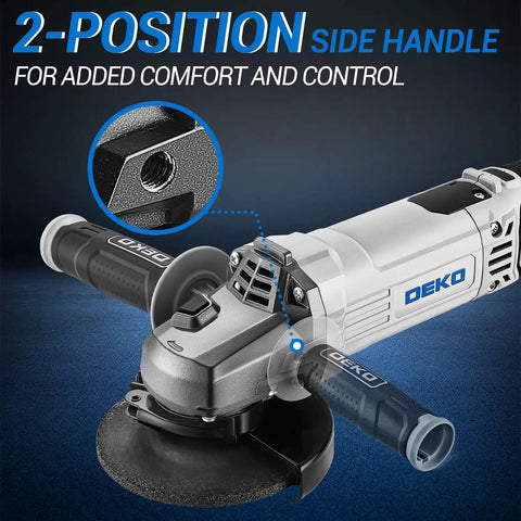 Four And A Half Inch Corded Angle Grinder With 7.5 Amp Motor Up To 12,000 RPM with ergonomic two-position handle in focus