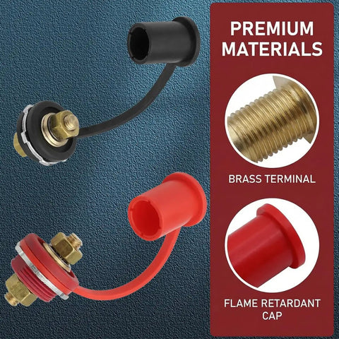Solid As A Rock Heavy Duty Car Remote Battery Terminals, black and red stud jumper post adapters with caps.