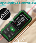 Dual Laser Distance Meter With 656 Feet Range, Rechargeable, Six Measurement Units In Feet, Inches, And Meters, LCD Display, Measures Length, Area, Volume And Angle With One Eighth Inch Accuracy, Bidirectional And Unidirectional Modes on angled wood