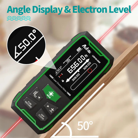 Dual Laser Distance Meter With 656 Feet Range, Rechargeable, Six Measurement Units In Feet, Inches, And Meters, LCD Display, Measures Length, Area, Volume And Angle With One Eighth Inch Accuracy, Bidirectional And Unidirectional Modes on angled wood