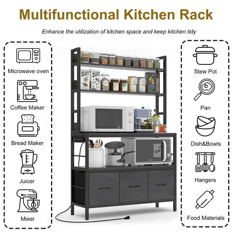 Hella Sturdy Five Tier Kitchen Bakers Rack With Built In Power Outlets And Usb Charging Ports, Industrial Metal Storage Shelf With Baskets And Hooks A Serious Game Changer For Countertop Setup Black
