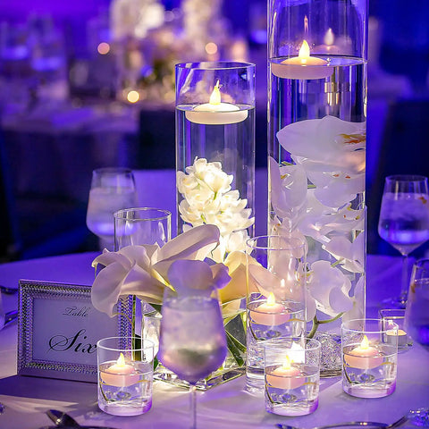 Table setting with 48 Piece LED Floating Candles Flameless Waterproof Tealights For Weddings And Pool Parties Centerpieces Yellow Warm White Light