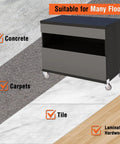 Black cabinet with heavy duty 2 inch side mount caster wheels with brake on carpet, tile, and wood floors.
