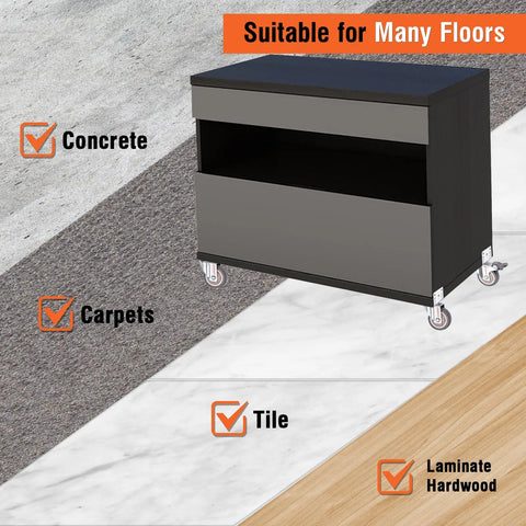 Black cabinet with heavy duty 2 inch side mount caster wheels with brake on carpet, tile, and wood floors.
