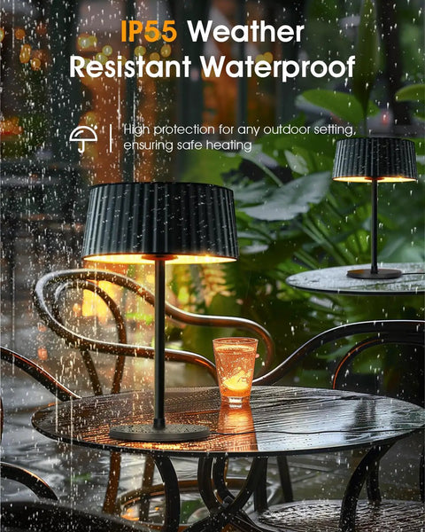 Black electric outdoor infrared heater 1500W for indoor and outdoor patio use with IP55 waterproof rating on a wet table.