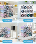 Top Shelf Large Water Bottle Organizer Rack Holds Up To Twelve Tumblers With Wide Five Point Nine Gaps And Rugged Handle For Your Dope Drink Rig And Fresh Carry Style, displaying various tumblers in kitchen and living room settings.