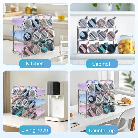 Top Shelf Large Water Bottle Organizer Rack Holds Up To Twelve Tumblers With Wide Five Point Nine Gaps And Rugged Handle For Your Dope Drink Rig And Fresh Carry Style, displaying various tumblers in kitchen and living room settings.