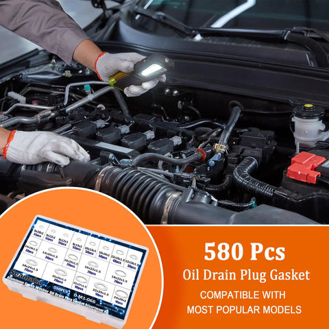 Mechanic working on a car engine with 580 Piece Aluminum Oil Drain Plug Washer Set for Your Ride, 18 Sizes From M6 To M24 visible