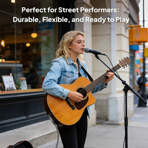 Musician using guitar outdoors with Right Angle to Straight One Quarter Inch TRS Instrument Cable 10ft 2-Pack for performance