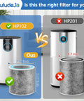 Comparison of filter sizes for HP102 and HP201 vacuum cleaners with dimensions shown