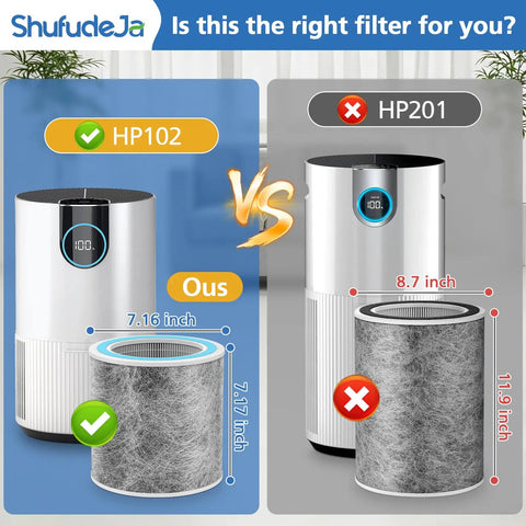 Comparison of filter sizes for HP102 and HP201 vacuum cleaners with dimensions shown