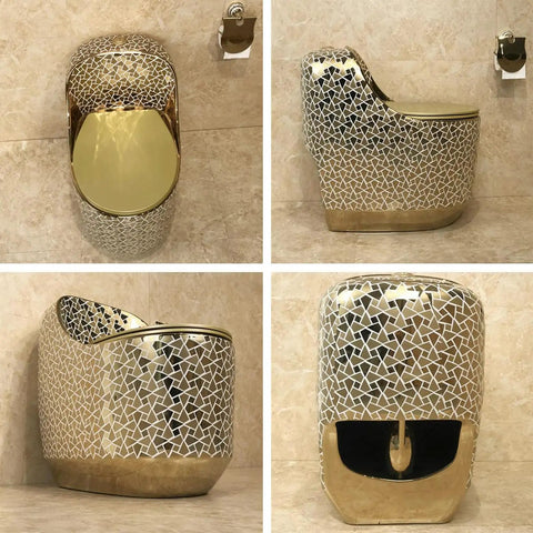Modern Dual Flush Toilet Featuring Silent Vortex Flushing System And Soft Close Seat In Sleek Gold Bathroom Design angled view