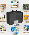Fireproof Photo Storage Box With Lock 16 Inner 4x6 Photo Cases Water Resistant Collapsible Organizer, surrounded by items it protects.
