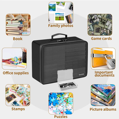 Fireproof Photo Storage Box With Lock 16 Inner 4x6 Photo Cases Water Resistant Collapsible Organizer, surrounded by items it protects.