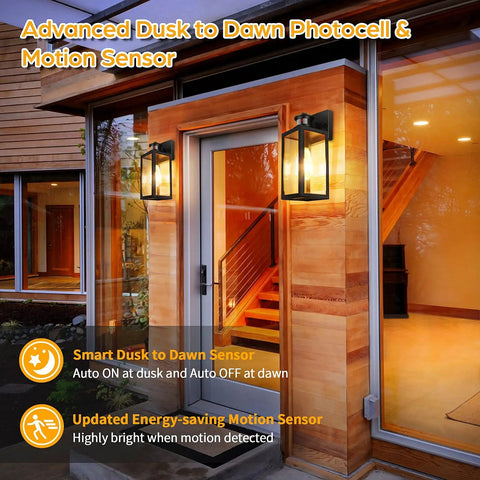 Two Pack Motion Sensor Outdoor Lights Dusk To Dawn Wall Mount Fixtures For Porch And Garage Exterior Black Lantern Sconces With Clear Glass Auto On At Dusk Off At Dawn Weatherproof And Easy To Install