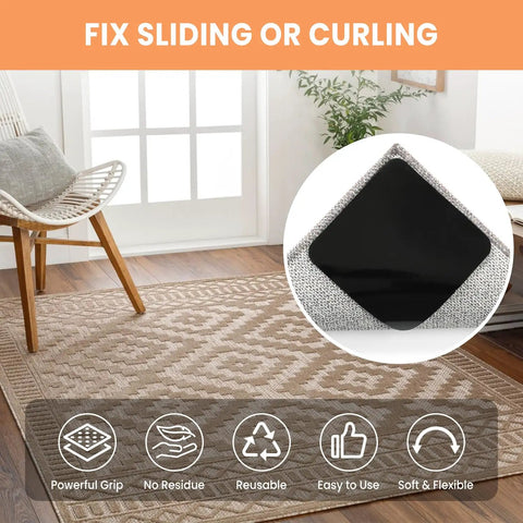 Room with decorative rug and overlay of No Slip Rug Corner Grips 4 Pcs For Hardwood Floors And Tile, showing anti-slip feature.