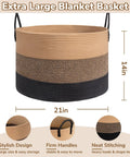 XXXLarge Woven Rope Basket For Blankets And Pillows With Long Handles Oversized Cotton Rope Basket Laundry Hamper And Nursery Storage Bin 21 By 14 Inches Decorative And Durable