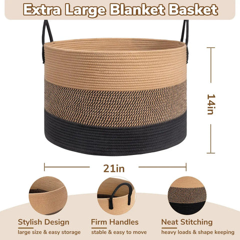 XXXLarge Woven Rope Basket For Blankets And Pillows With Long Handles Oversized Cotton Rope Basket Laundry Hamper And Nursery Storage Bin 21 By 14 Inches Decorative And Durable