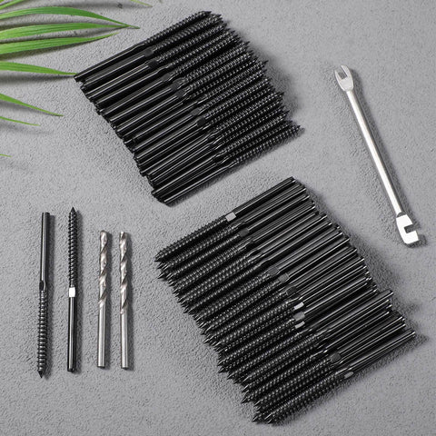 200 Pack Stainless Steel Left And Right Handed Thread Swage Lag Screws One Eighth Inch For Wood Posts Deck Railing Kit With Wrench Drill Bits Spanner DIY Baluster Kit For Stair Porch And Terrace Railing set on gray surface
