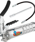 Pistol Grip Grease Gun Workhorse with heavy duty steel build, balloon plunger, and 18 inch hose for clean lubrication.