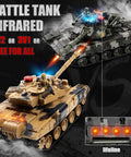 Rad 1/24 Scale RC Battle Tank With 2.4GHz Infrared Control in action with smoke and light effects, showing 330-degree turret rotation.