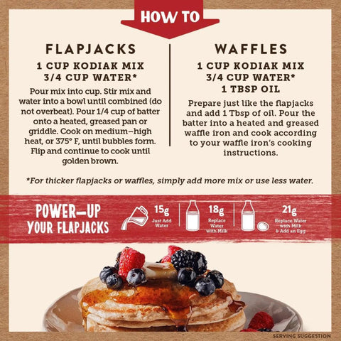 Recipe instructions for flapjacks and waffles with an image of pancakes topped with berries, Protein Pancake Power Cakes Buttermilk Mix Pack Of 6 Non GMO Flapjack And Waffle Breakfast Mix Made With Whole Wheat And Oat Flours Delivers 14g Protein Per Serving For Quick Strong Start
