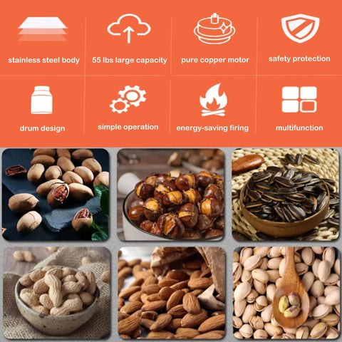 Various roasted nuts and seeds below product features of Heavy Duty Commercial Bean And Nut Roaster Machine for home and cafe use.