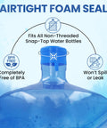 Diagram of blue water jug with airtight foam seal cap labeled as BPA free and spill-proof, part of Ten Pack USA Made Water Jug Caps.