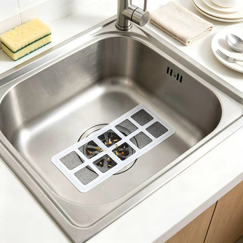 Hair Drain Stickers 100Pcs Disposable Self Adhesive on stainless steel sink, featuring dense mesh filtration and self-adhesive backing.