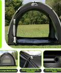 Oversized Outdoor Bike Storage Tent Shed With Window Waterproof Shelter, open front view, showing mesh doors and zipper details
