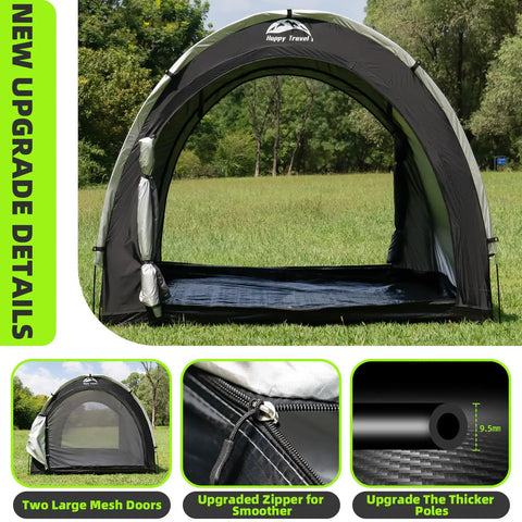 Oversized Outdoor Bike Storage Tent Shed With Window Waterproof Shelter, open front view, showing mesh doors and zipper details