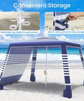 8x8 Beach Cabana With Side Wall Sun Shelter on sandy beach, navy stripes, featuring detachable cup holder and mesh pockets.