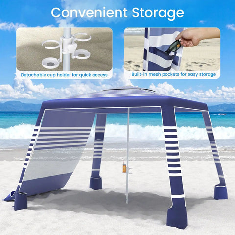 8x8 Beach Cabana With Side Wall Sun Shelter on sandy beach, navy stripes, featuring detachable cup holder and mesh pockets.