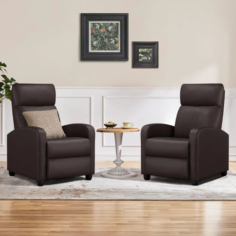 Comfy Padded Seat Recliner Chairs Set Of 2 For Home Theater with Brown PU Leather in modern living room setup.