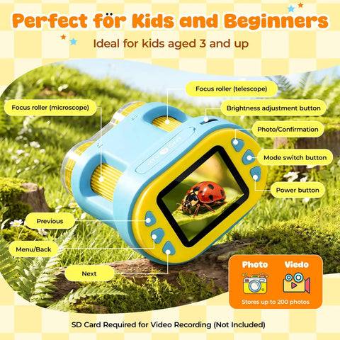 Portable Kids Microscope With 1000X Magnification And 2 Inch HD Screen 4K Ultra Clear View Learn Science At Home Easy To Use For Beginners Perfect Gift For Curious Young Minds And Home Lab Projects, blue and yellow plastic unit