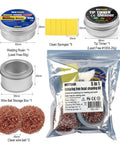 Go To Pro Grade Soldering Tip Cleaning Kit With Rosin Paste Flux Lead Free Tinner Cleaner Two Solder Tip Cleaners Brass Cleaning Wire One Holder And Five Replacement Sponges displayed with dimensions.