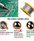 Close-up of soldering and No Clean Solder Wire For Electrical Soldering And Do It Yourself Pro Grade Precision Repairs 1mm Diameter 50g 60 40 Tin Lead Alloy With Low Melting Point And High Conductivity For Electronics And Stained Glass Projects with smooth and shiny joint comparison.