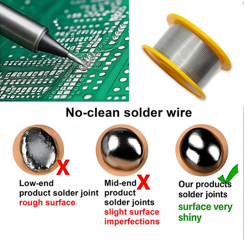 Close-up of soldering and No Clean Solder Wire For Electrical Soldering And Do It Yourself Pro Grade Precision Repairs 1mm Diameter 50g 60 40 Tin Lead Alloy With Low Melting Point And High Conductivity For Electronics And Stained Glass Projects with smooth and shiny joint comparison.