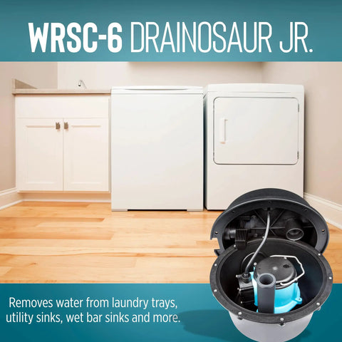Compact Under Sink Sump Pump System Drainosaur 115V One Third HP 2760 GPH near washing machine and dryer unit