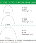 Diagram showing 3, 4, and 5 hoop configurations of Garden Hoops for Raised Beds and Greenhouses, 24 Pack DIY Kit with size details.