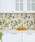 Vintage Floral Peel And Stick Wallpaper For Walls And Cabinets Removable Vinyl Peonies In Bedrooms Nurseries And Girls Rooms 17.7 Inches Wide By 118 Inches Long Self Adhesive Contact Paper with beige background and multicolor flowers in a kitchen setting.