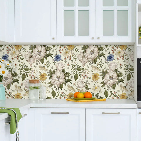Vintage Floral Peel And Stick Wallpaper For Walls And Cabinets Removable Vinyl Peonies In Bedrooms Nurseries And Girls Rooms 17.7 Inches Wide By 118 Inches Long Self Adhesive Contact Paper with beige background and multicolor flowers in a kitchen setting.