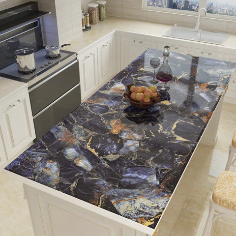 Navy Marble Peel And Stick Countertop Paper 30x236 Self Adhesive Vinyl Wallpaper Waterproof Glossy Finish on kitchen island