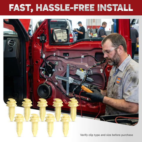 Heavy Duty Door Panel Retainer Clip Grommets For GM Truck, 12mm head, used in door panel installation by technician.