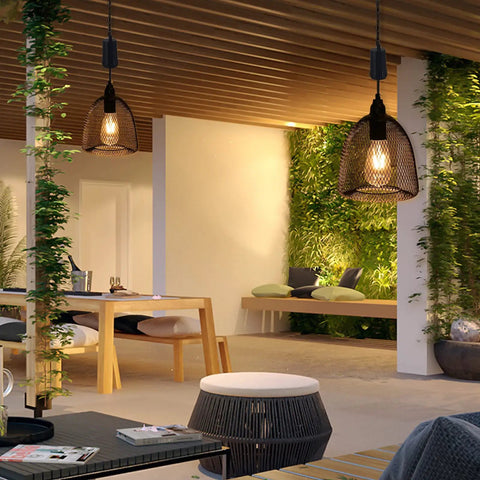Battery Powered Hanging Pendant Light Outdoor Waterproof Chandelier With 6 Hour Timer illuminating a cozy patio setting.